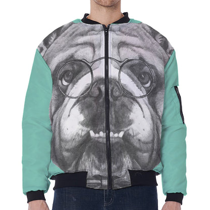 English Bulldog With Glasses Print Zip Sleeve Bomber Jacket