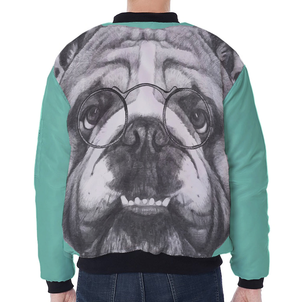 English Bulldog With Glasses Print Zip Sleeve Bomber Jacket
