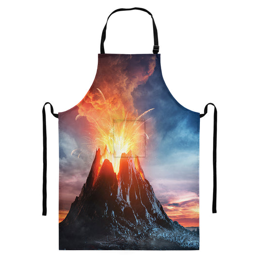 Erupting Volcano Print Bib Apron With Pocket