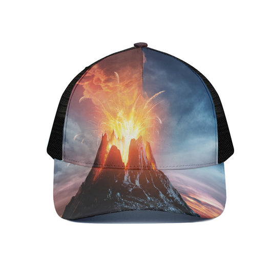 Erupting Volcano Print Black Mesh Trucker Cap