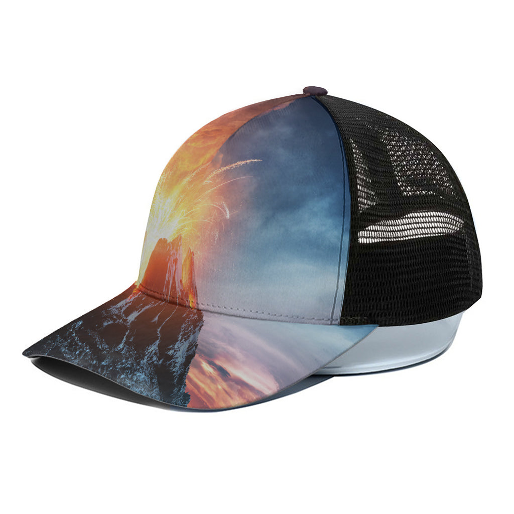Erupting Volcano Print Black Mesh Trucker Cap