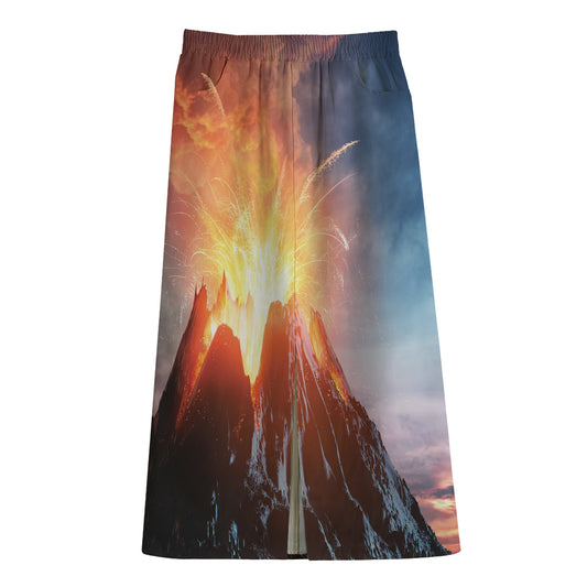 Erupting Volcano Print Cotton Front Slit Maxi Skirt