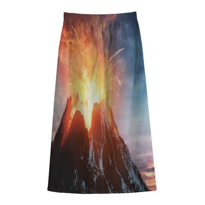 Erupting Volcano Print Cotton Front Slit Maxi Skirt