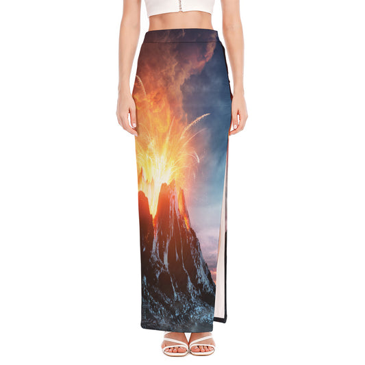 Erupting Volcano Print High Slit Maxi Skirt