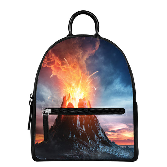 Erupting Volcano Print Leather Backpack