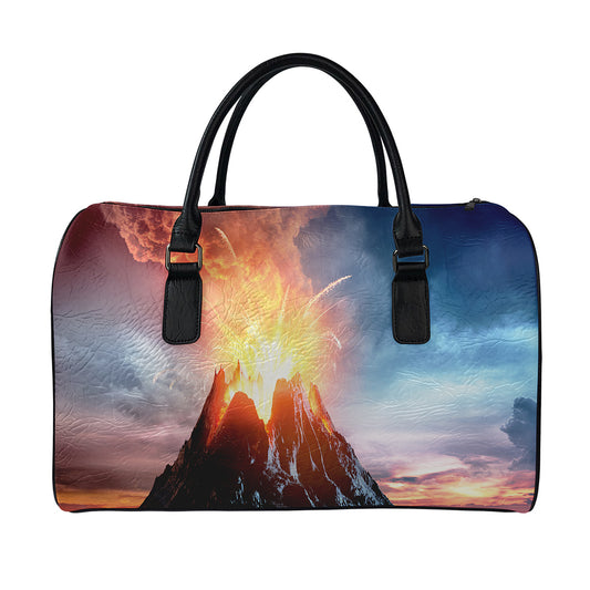 Erupting Volcano Print Leather Duffle Bag