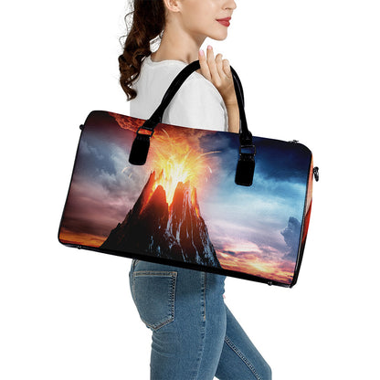 Erupting Volcano Print Leather Duffle Bag