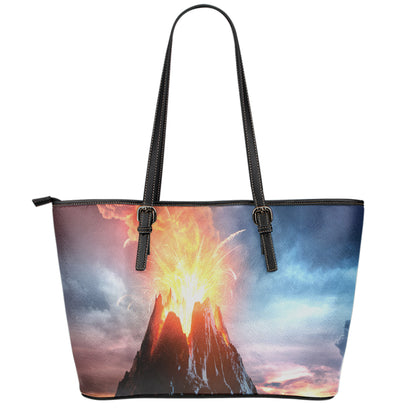 Erupting Volcano Print Leather Tote Bag