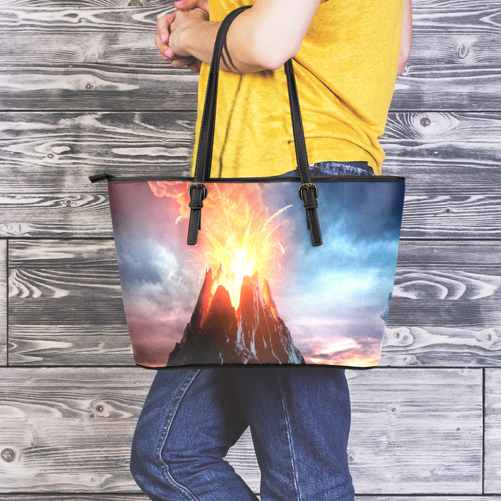 Erupting Volcano Print Leather Tote Bag