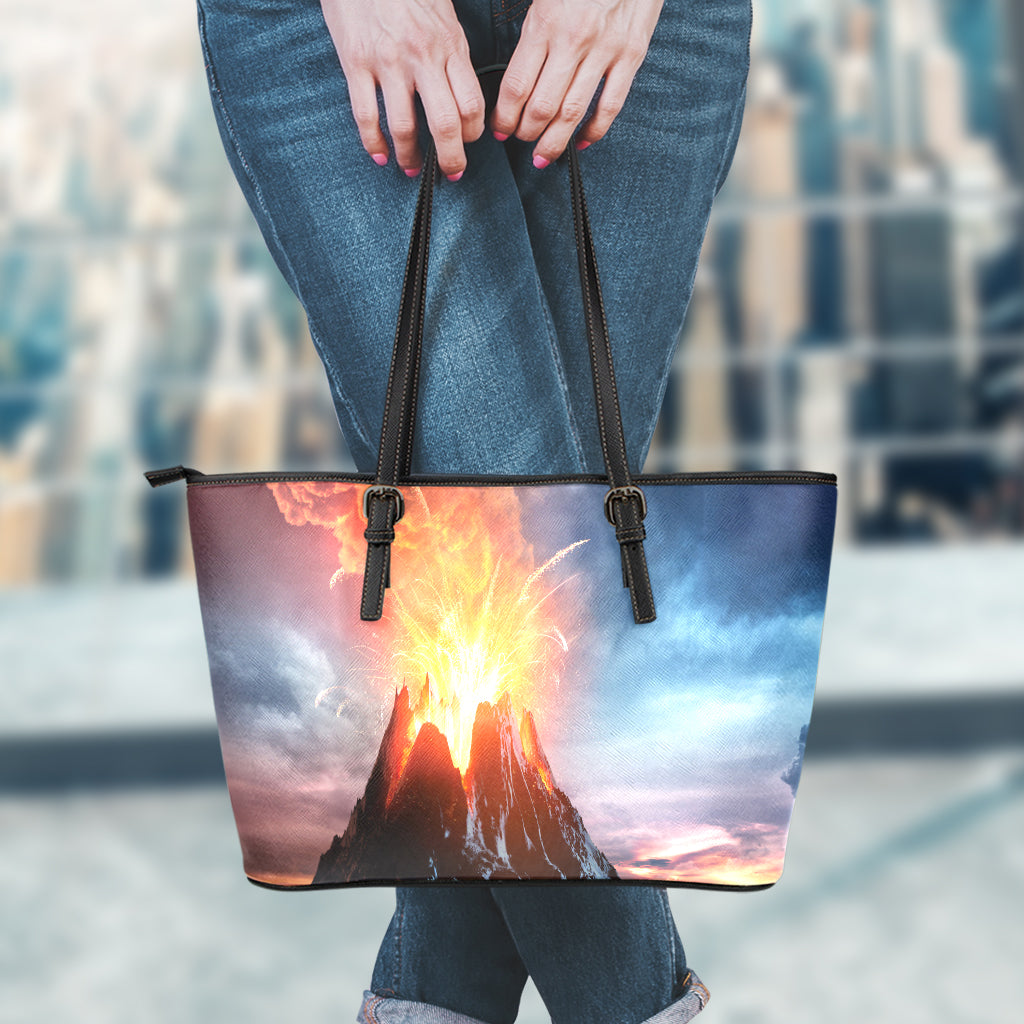 Erupting Volcano Print Leather Tote Bag