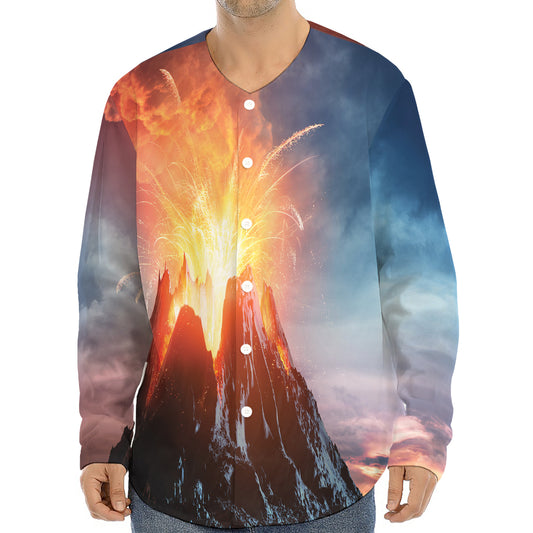 Erupting Volcano Print Long Sleeve Baseball Jersey