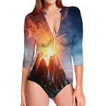 Erupting Volcano Print Long Sleeve Swimsuit