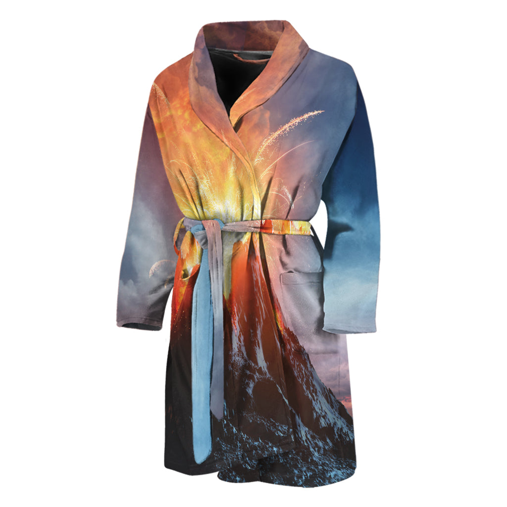 Erupting Volcano Print Men's Bathrobe