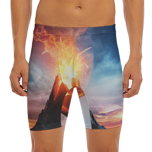 Erupting Volcano Print Men's Long Boxer Briefs