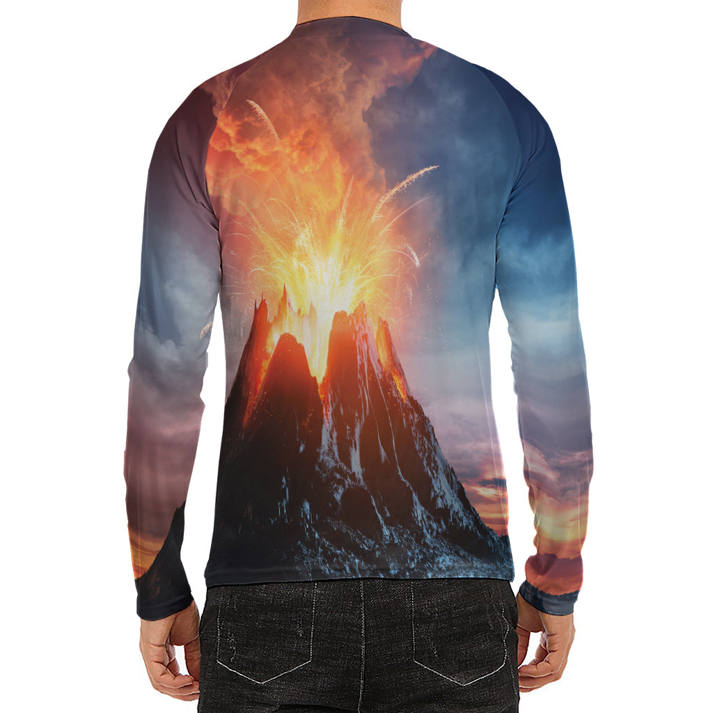 Erupting Volcano Print Men's Long Sleeve Rash Guard
