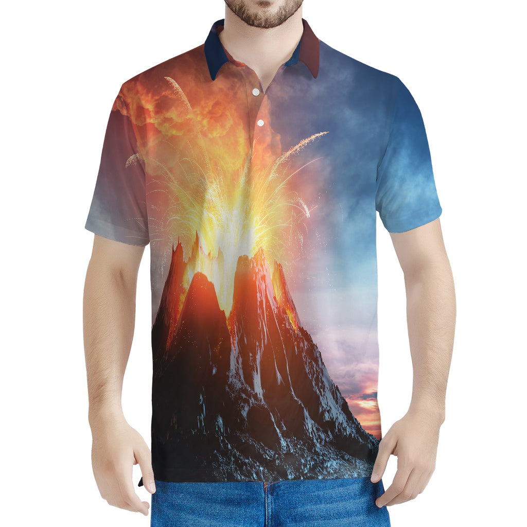 Erupting Volcano Print Men's Polo Shirt