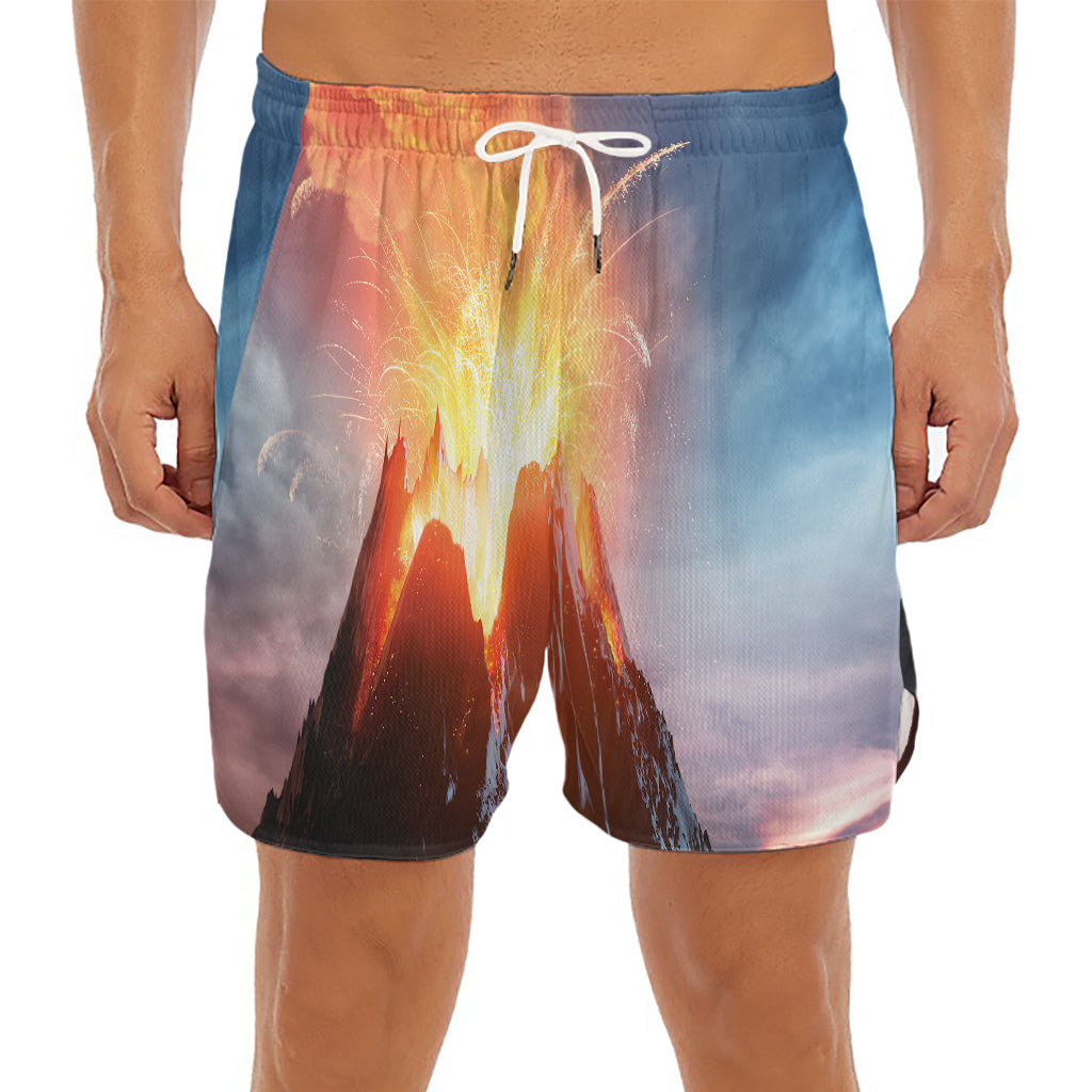 Erupting Volcano Print Men's Split Running Shorts