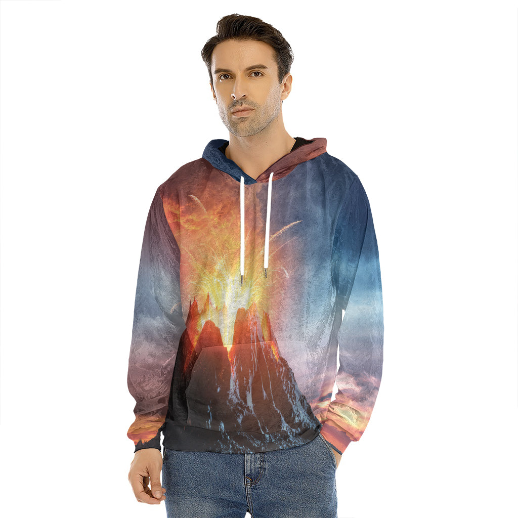 Erupting Volcano Print Men's Velvet Pullover Hoodie