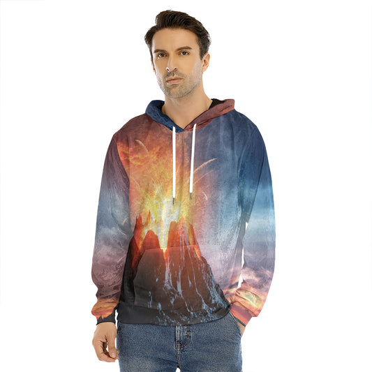 Erupting Volcano Print Men's Velvet Pullover Hoodie