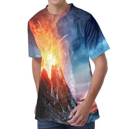 Erupting Volcano Print Men's Velvet T-Shirt