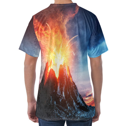 Erupting Volcano Print Men's Velvet T-Shirt