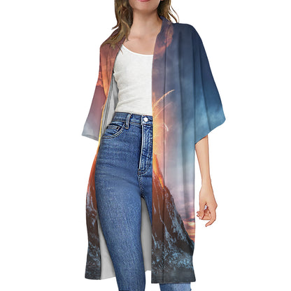 Erupting Volcano Print Open Front Beach Cover Up