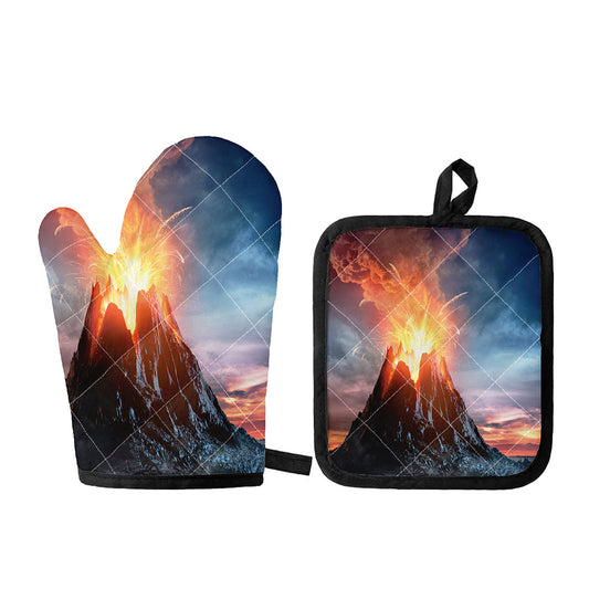 Erupting Volcano Print Oven Mitt And Pot Holder Set