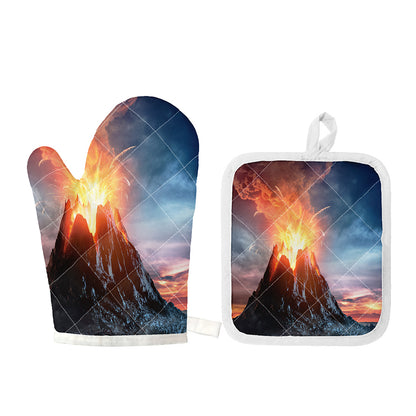 Erupting Volcano Print Oven Mitt And Pot Holder Set