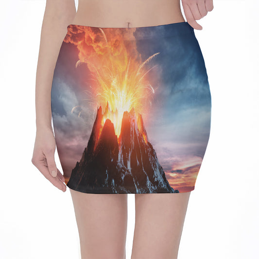 Erupting Volcano Print Pencil Mini Skirt