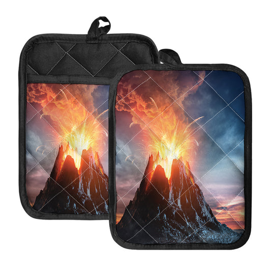 Erupting Volcano Print Pot Holders With Pocket