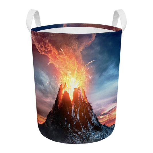 Erupting Volcano Print Round Laundry Basket