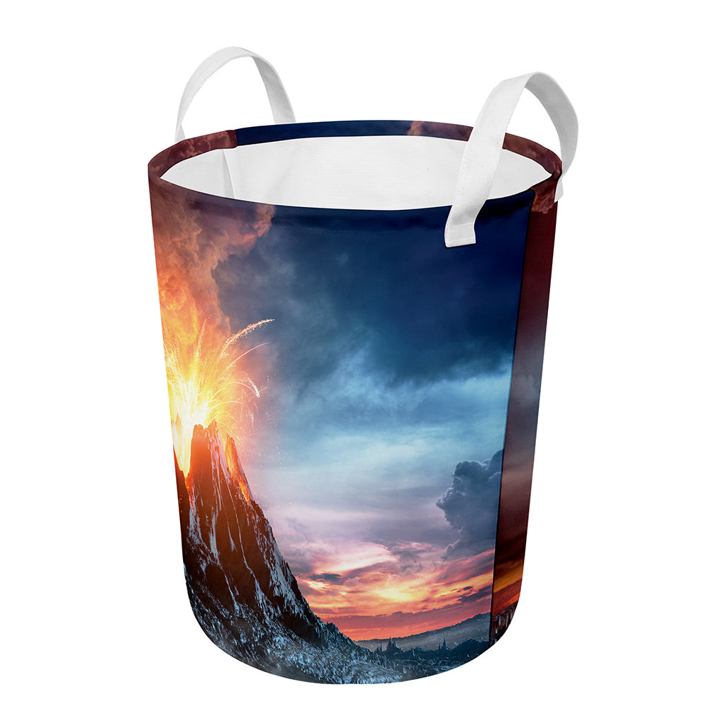 Erupting Volcano Print Round Laundry Basket