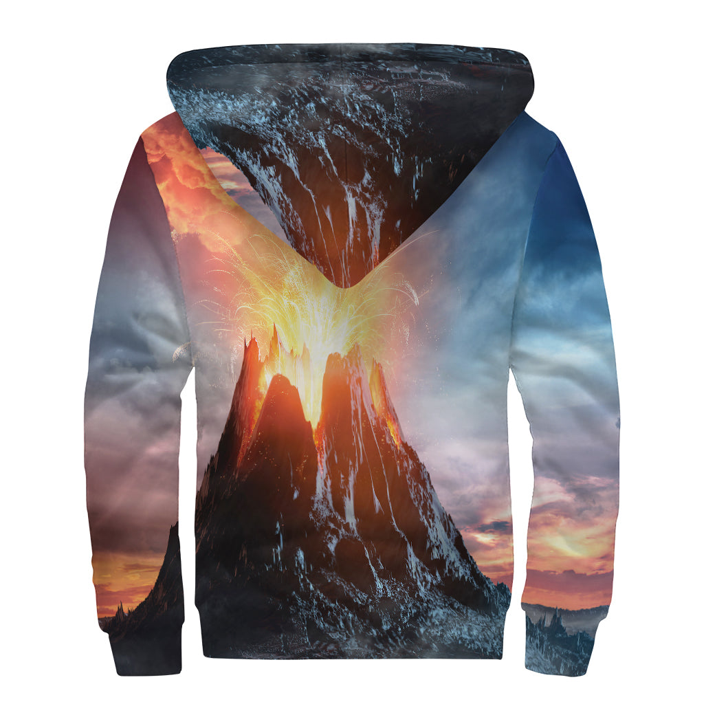 Erupting Volcano Print Sherpa Lined Zip Up Hoodie