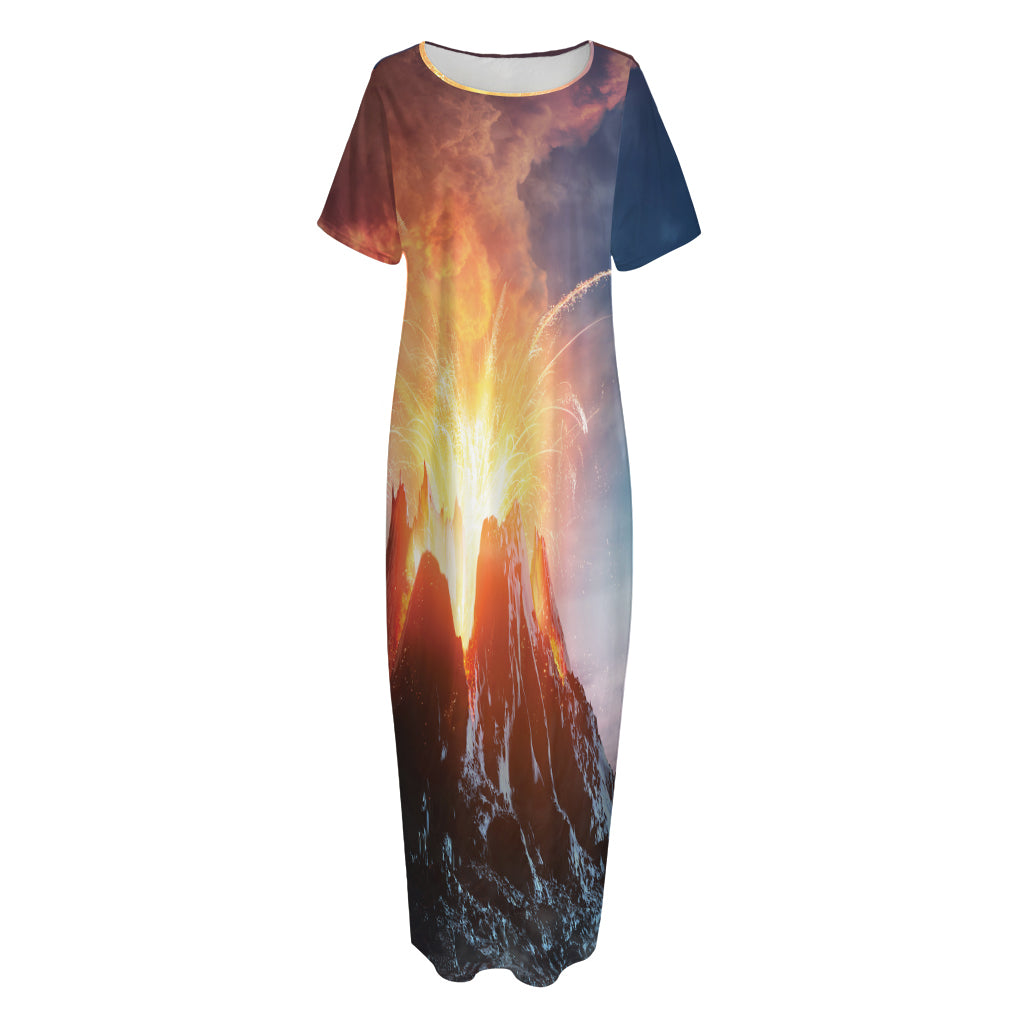 Erupting Volcano Print Short Sleeve Long Nightdress
