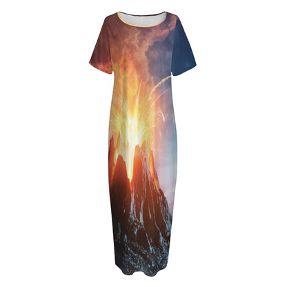 Erupting Volcano Print Short Sleeve Long Nightdress
