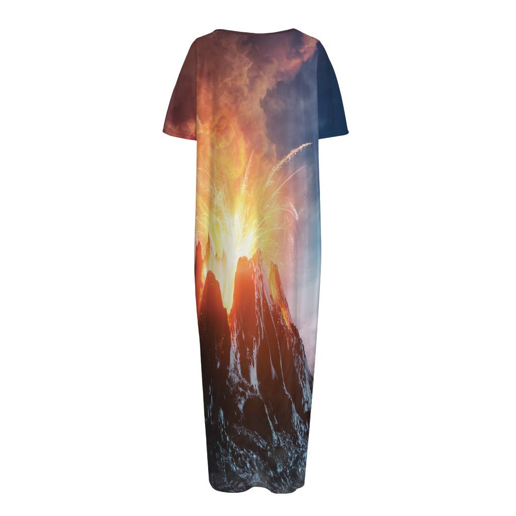 Erupting Volcano Print Short Sleeve Long Nightdress