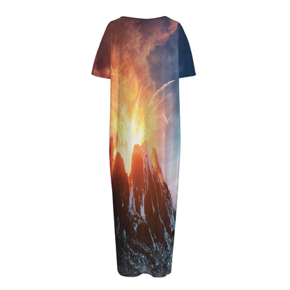 Erupting Volcano Print Short Sleeve Long Nightdress