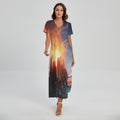 Erupting Volcano Print Short Sleeve Maxi Dress