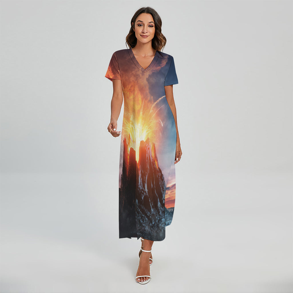 Erupting Volcano Print Short Sleeve Maxi Dress
