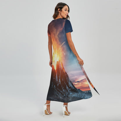 Erupting Volcano Print Short Sleeve Maxi Dress