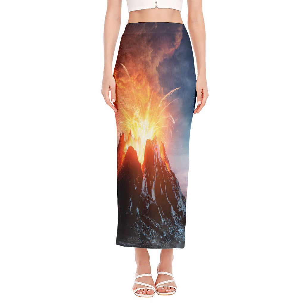 Erupting Volcano Print Side Slit Maxi Skirt