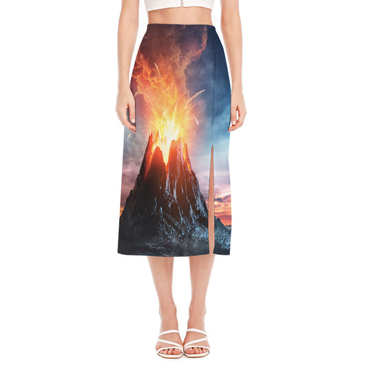 Erupting Volcano Print Side Slit Midi Skirt