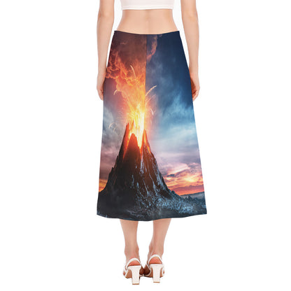Erupting Volcano Print Side Slit Midi Skirt