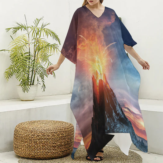 Erupting Volcano Print Silk V-Neck Kaftan Dress