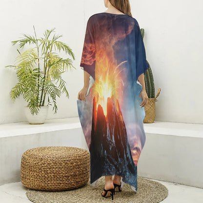 Erupting Volcano Print Silk V-Neck Kaftan Dress
