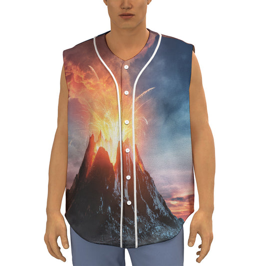 Erupting Volcano Print Sleeveless Baseball Jersey