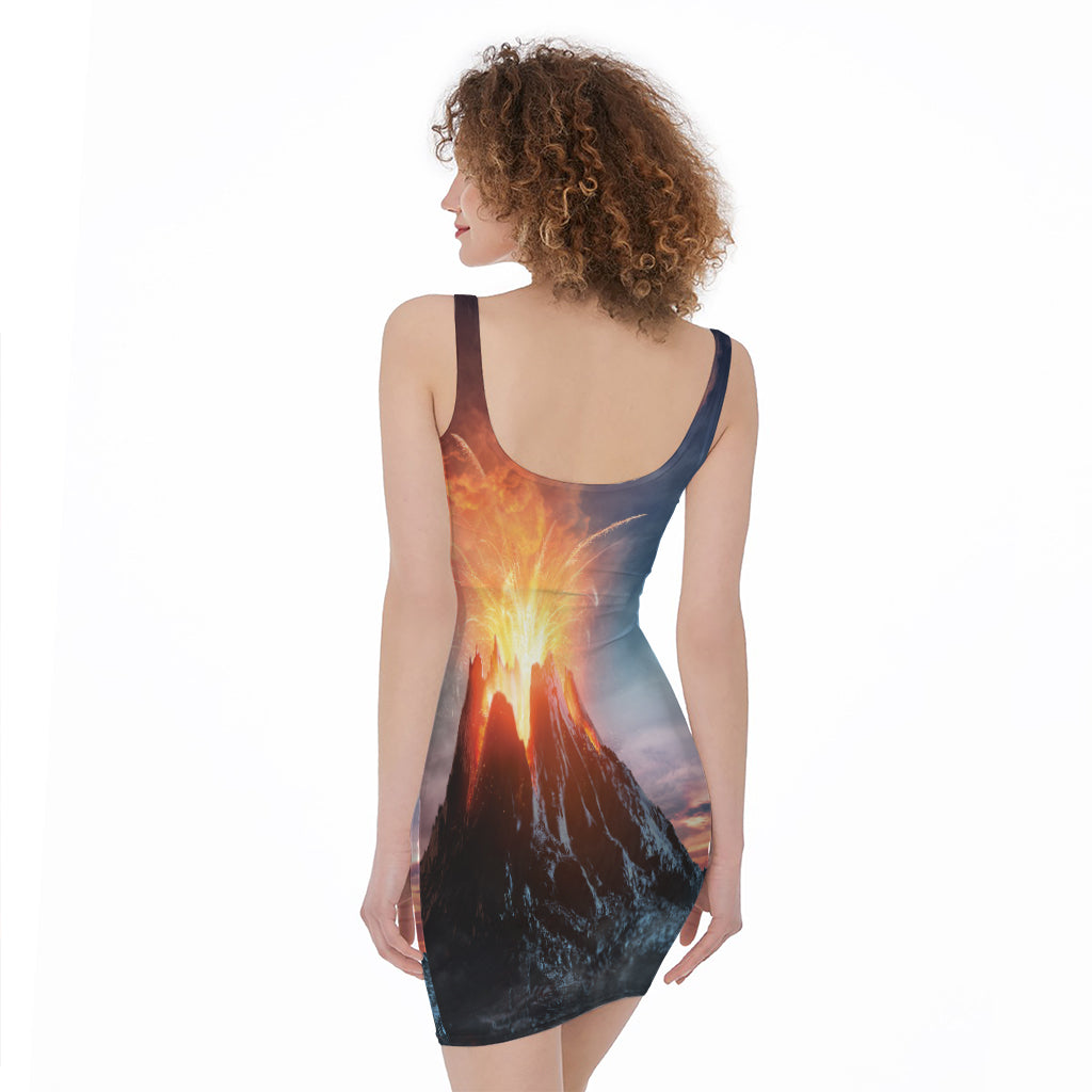 Erupting Volcano Print Sleeveless Bodycon Dress