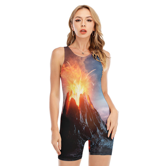 Erupting Volcano Print Sleeveless One Piece Swimsuit