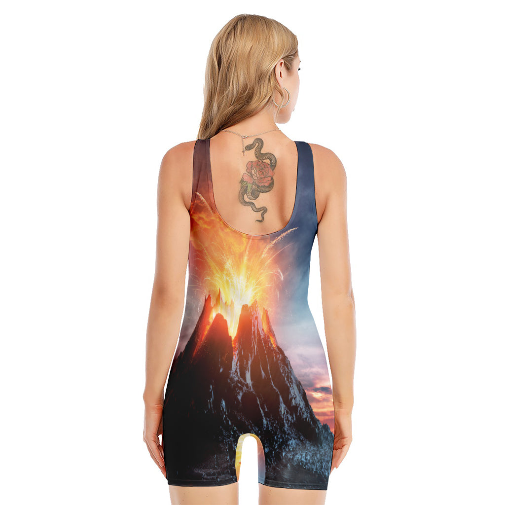Erupting Volcano Print Sleeveless One Piece Swimsuit