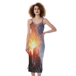 Erupting Volcano Print Slim Fit Midi Cami Dress